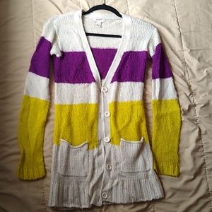 Purple, yellow, and off-white cardigan